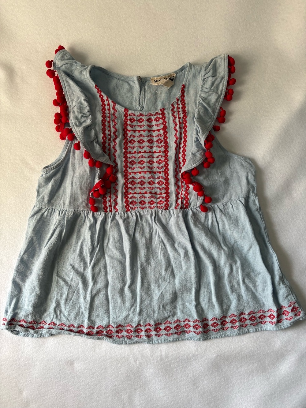 Savanna Jane Light Blue Tank Top with Red Embroidery & Pom Trim
